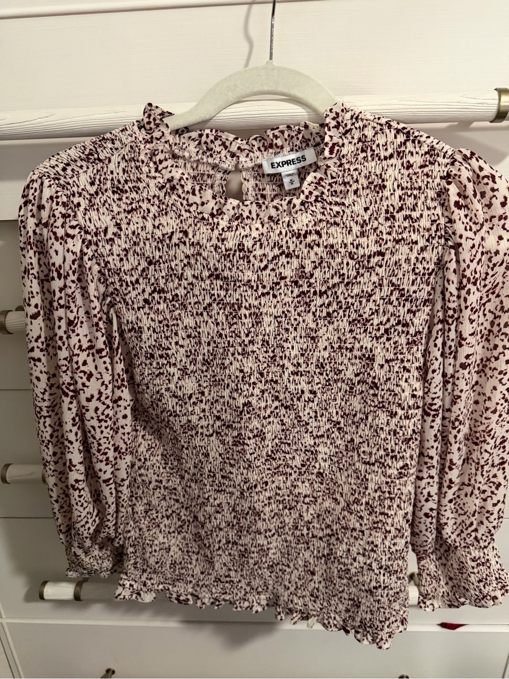 Express Pink and Brown Smocked Ruffled Long-Sleeve Blouse